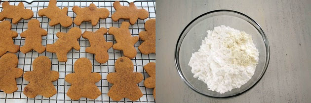 Collage of 2 images showing cookies on a cooling rack and powdered sugar with cornstarch in a bowl.