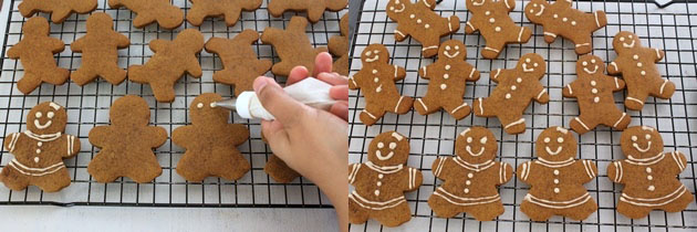 Collage of 2 images showing piping the design on the cookies.