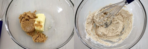Collage of 2 images showing butter and sugar in a blow and whisked.