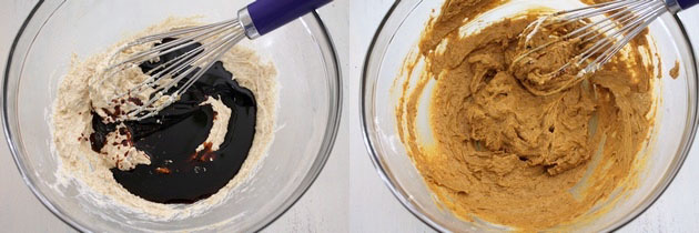 Collage of 2 images showing adding molasses and mixed.