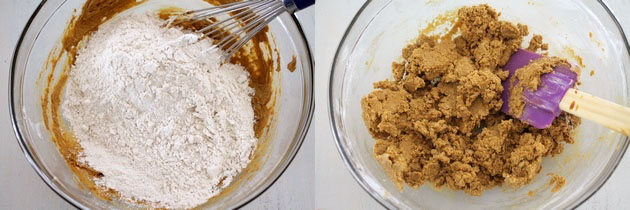 Collage of 2 images showing adding dry flour mixture and mixed to a dough.