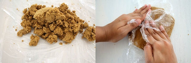 Collage of 2 images showing dough transferred to plastic wrap and gathered together.