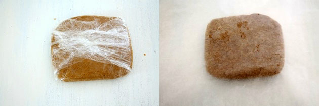 Collage of 2 images showing wrapped and chilled dough.