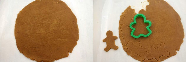 Collage of 2 images showing rolled cookie dough and cutting gingerbread men.