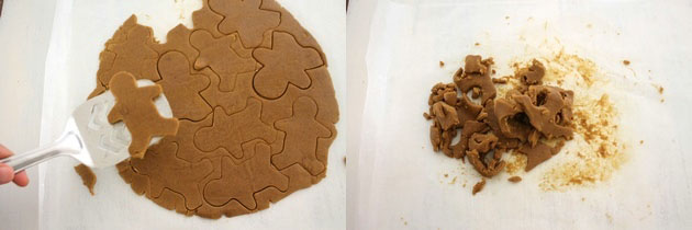 Collage of 2 images showing removing cutout cookies using spatula and gathering the left over dough.