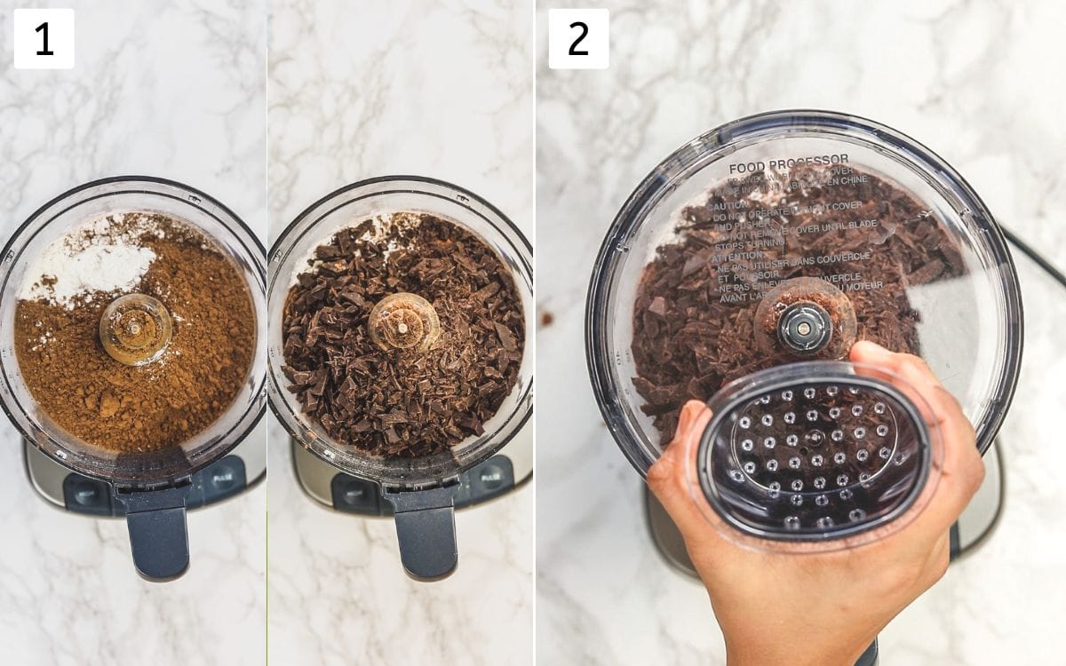 Collage of 2 steps showing ingredienst in a food processor and closing the lid.