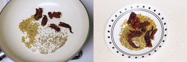 Collage of 2 images showing roasting kadai masala spices and removed to a plate.