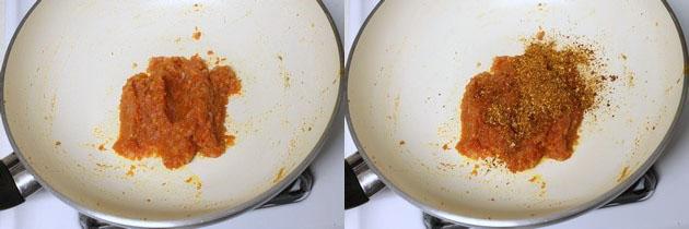 Collage of 2 images showing cooked tomato puree and adding kadai masala.