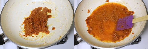 Collage of 2 images showing mixing masala and adding water.