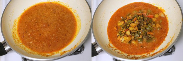 Collage of 2 images showing simmering gravy and adding cooked veggies.