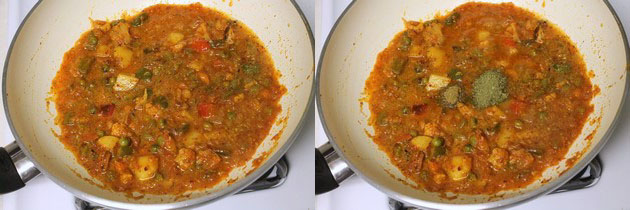 Collage of 2 images showing mixed veggies in gravy and adding remaining spices. 