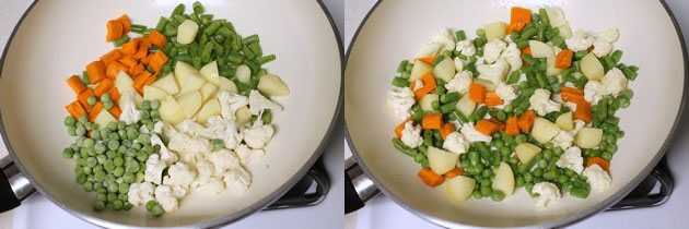 Collage of 2 images showing cooking vegetables.