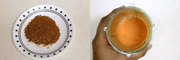 Collage of 2 images showing kadai masala in a plate and tomato puree in the grinder.
