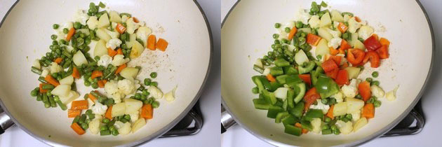 Collage of 2 images showing cooked veggies and adding peppers.