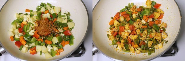 Collage of 2 images showing adding kadai masala and mixed.