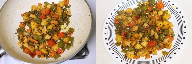 Collage of 2 images showing cooked vegetable in a plate.