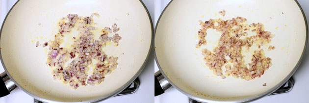 Collage of 2 images showing adding and cooking onions.