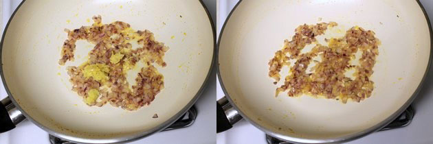 Collage of 2 images showing adding and sauteing ginger, garlic paste.
