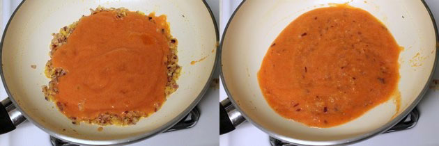 Collage of 2 images showing adding and simmering tomato puree.