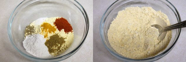 Collage of 2 images showing besan and spices in a bowl and mixed.
