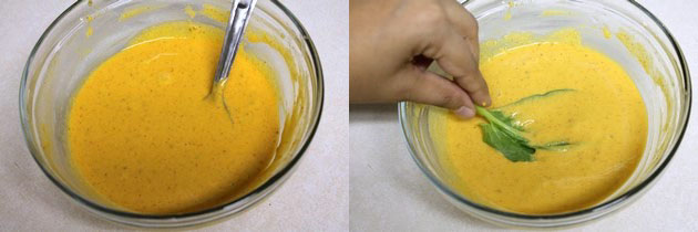 Collage of 2 images showing besan batter and dipping spinach leaf into the batter.