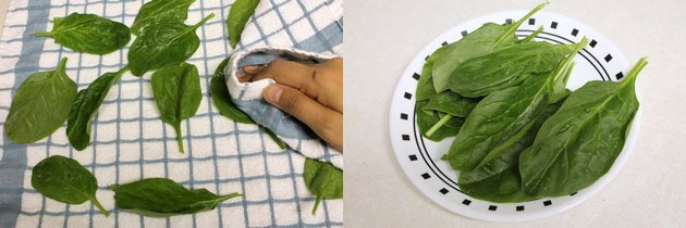 Collage of 2 images showing pat drying spinach leaves and ready leaves in a plate.