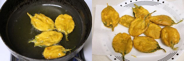 Collage of 2 images showing frying palak pakora and ready in a plate.
