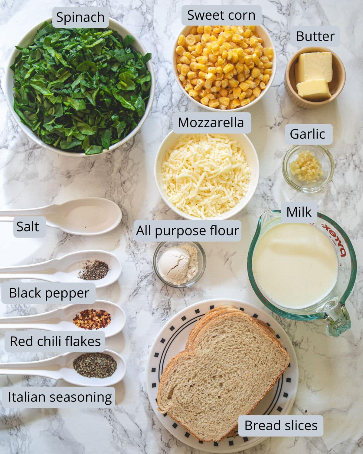 Spinach corn sandwich ingredients in bowls and spoons with labels.