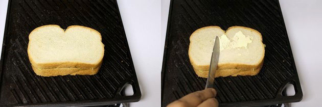 Collage of 2 images showing grilling sandwich and applying butter on another surface.