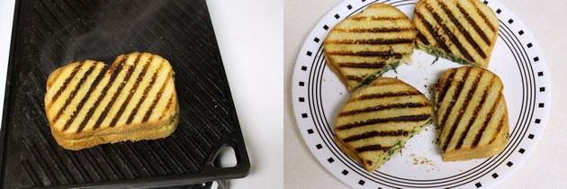 Collage of 2 images showing grilled sandwich and cut into half on a plate.