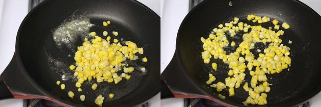 Collage of 2 images showing adding and mixing corn.