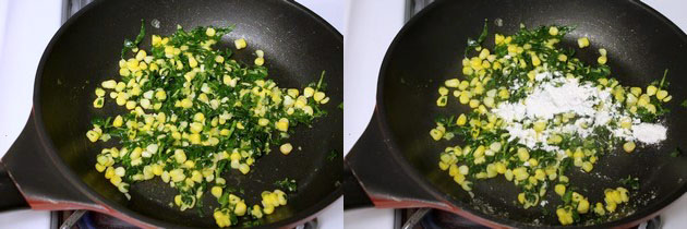 Collage of 2 images showing corn spinach mixture is cooked and adding flour.