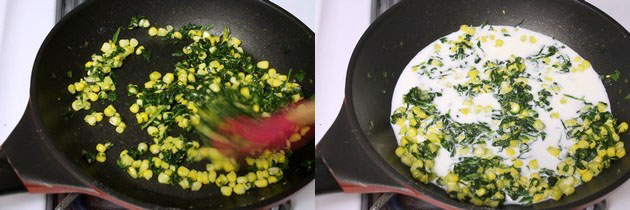 Collage of 2 images showing flour is mixed and cooked, adding milk.