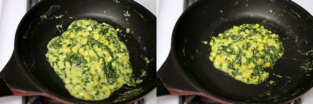 Collage of 2 images showing cooking mixture until thickens.
