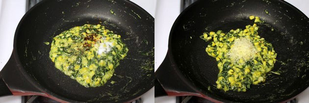Collage of 2 images showing adding salt, pepper and chili flakes and Parmesan cheese.