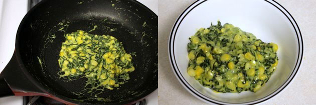 Collage of 2 images showing ready mixture and removed in a bowl.