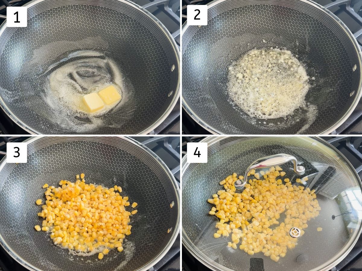 Collage of 4 images showing melting butter and cooking sweet corn.