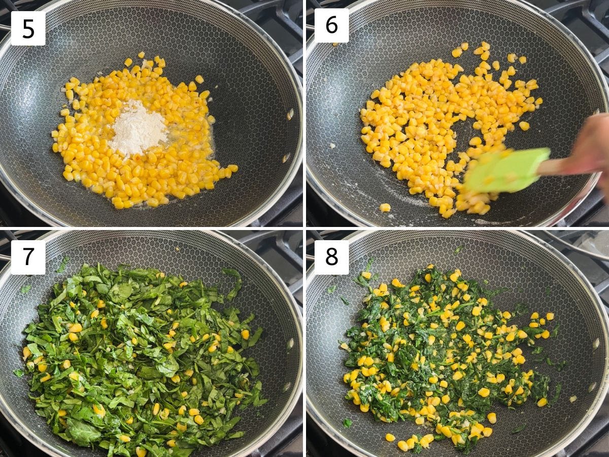 Collage of 4 images showing roasting flour and cooking spinach.