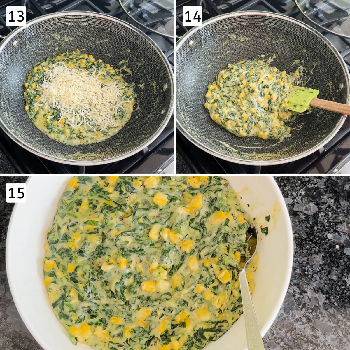 Collage of 3 images showing adding and mixing cheese, removing to a bowl.