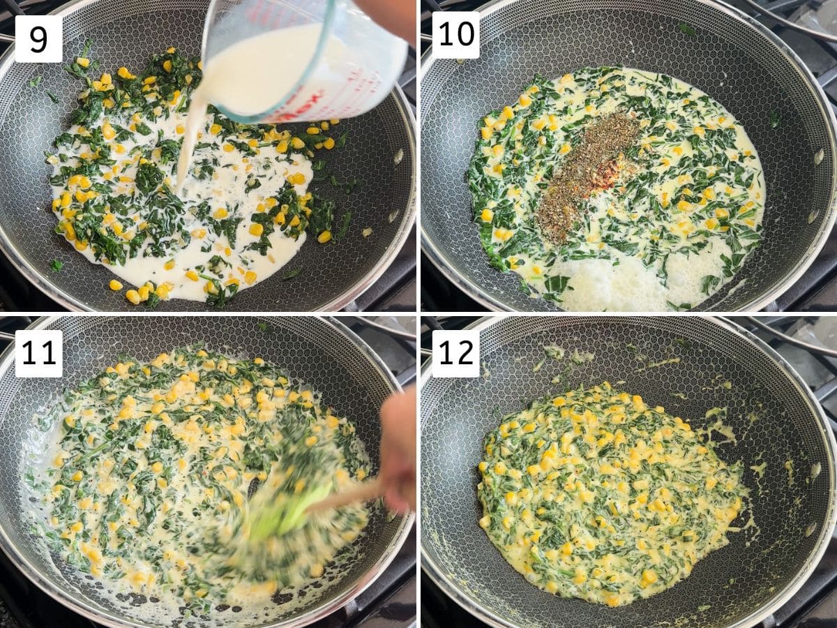 Collage of 4 images showing adding milk and seasoning, cooking until thickens.