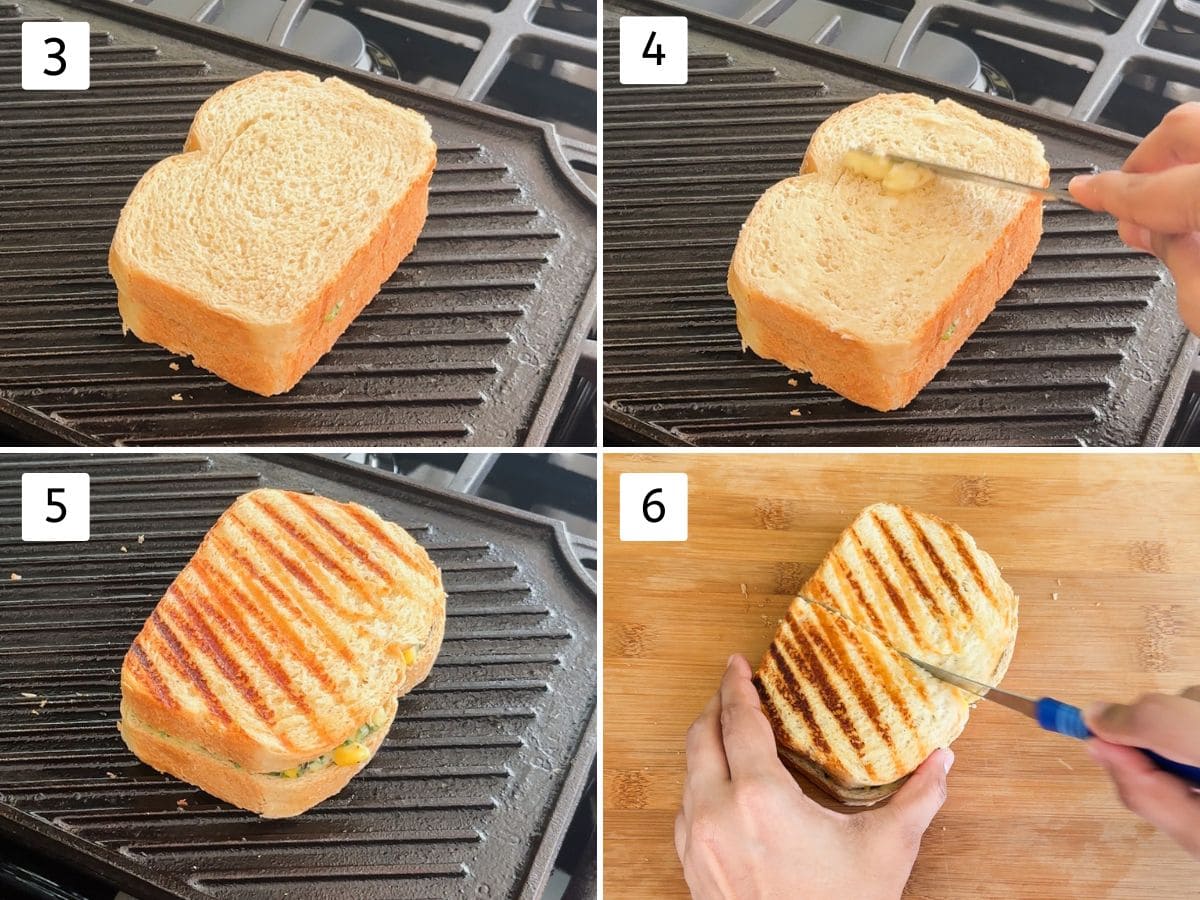 Collage of 4 images showing applying butter and grilling sandwich on a grill pan.