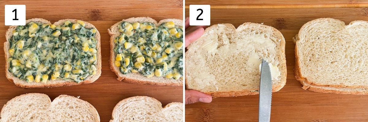 Collage of 2 images showing spreading sandwich filling between two breads and applying butter on the surface.