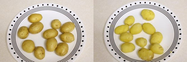 Collage of 2 images showing boiled baby potatoes and peeled.