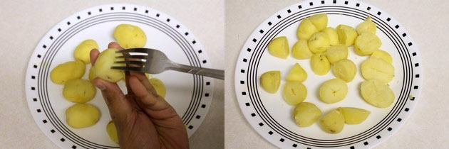 Collage of 2 images showing pricking with a fork and cut into half or quarters. 