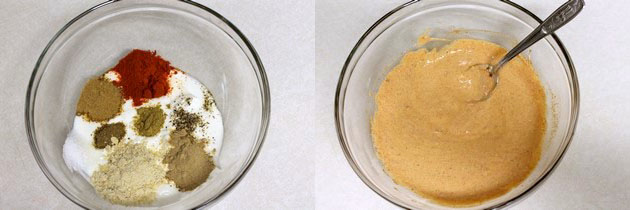 Collage of 2 images showing spice powders into the yogurt and mixed.