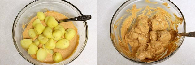 Collage of 2 images showing adding boiled potato pieces and mixed.