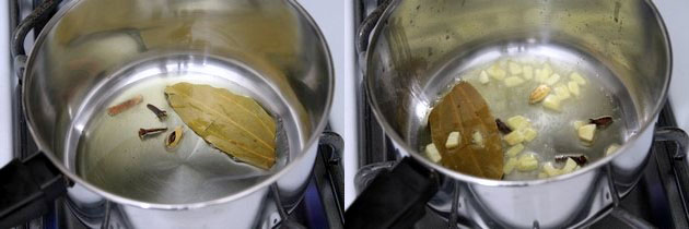 Collage of 2 images showing adding whole spices into the oil and adding garlic.