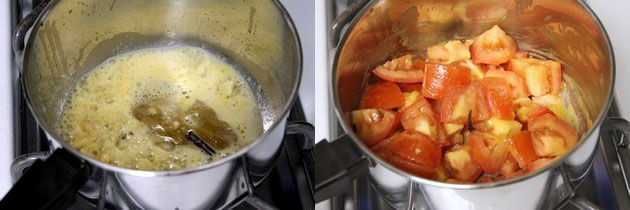 Collage of 2 images showing adding besan and tomatoes.