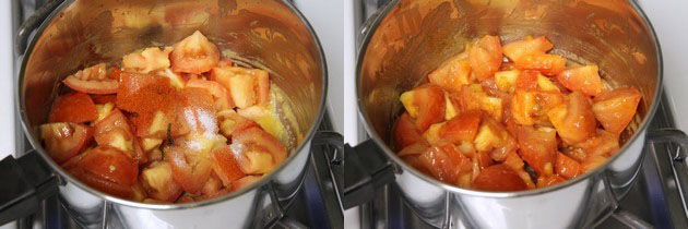 Collage of 2 images showing adding salt and chili powder and mixed.