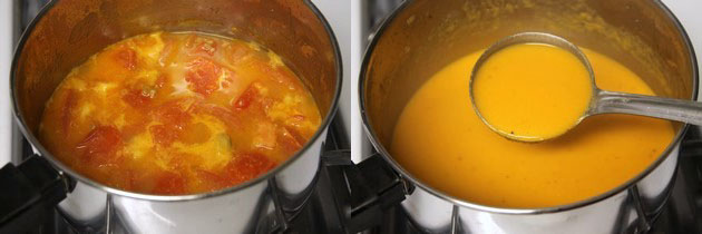 Collage of 2 images showing cooked mixture and blended.